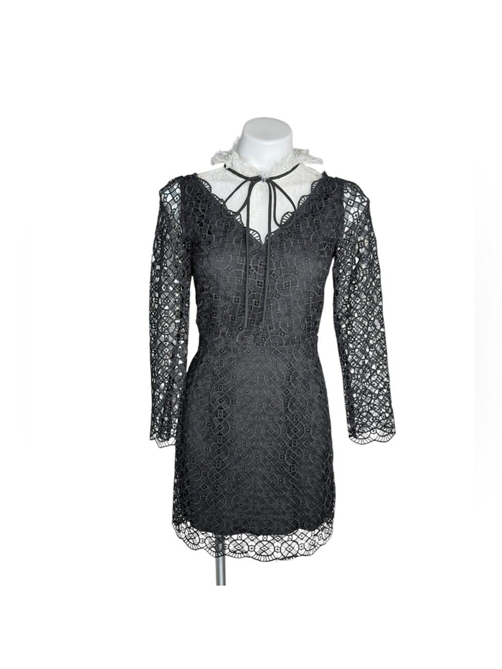 Sandro Christina black lace mini dress white collar tie neck size 38 NWT